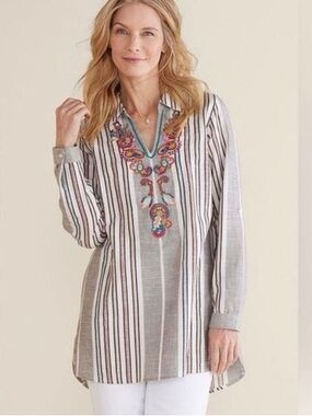 Soft Surroundings Brookhaven Embroidered Striped Tunic Blouse Top Size Large EUC